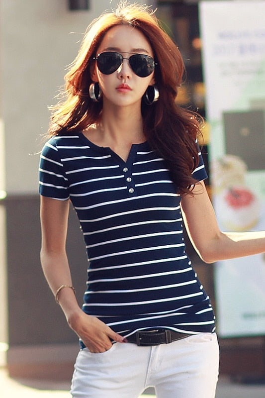 Summer Shirts V-neck T Shirt Women Short Sleeve Top S-5XL Cotton Tee