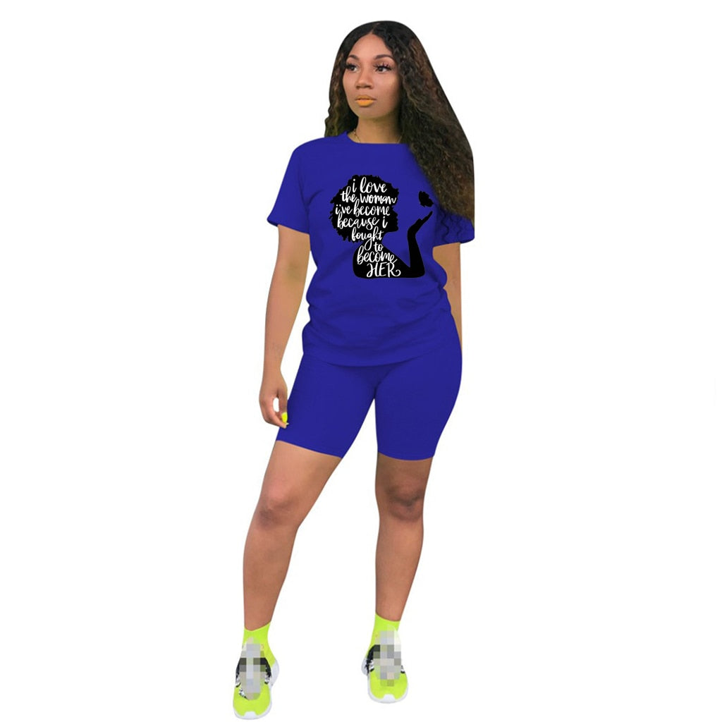 Women Two Piece Short Sleeve Lettered Top Casual Short Sets