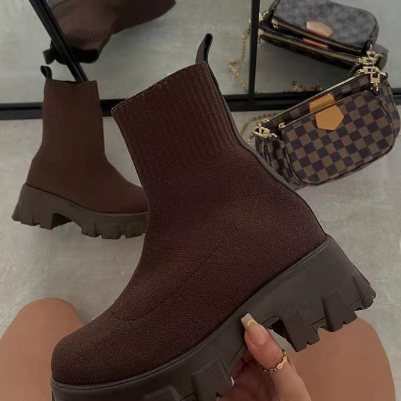 Women Sock Thick-Soled Knitted Short Boots