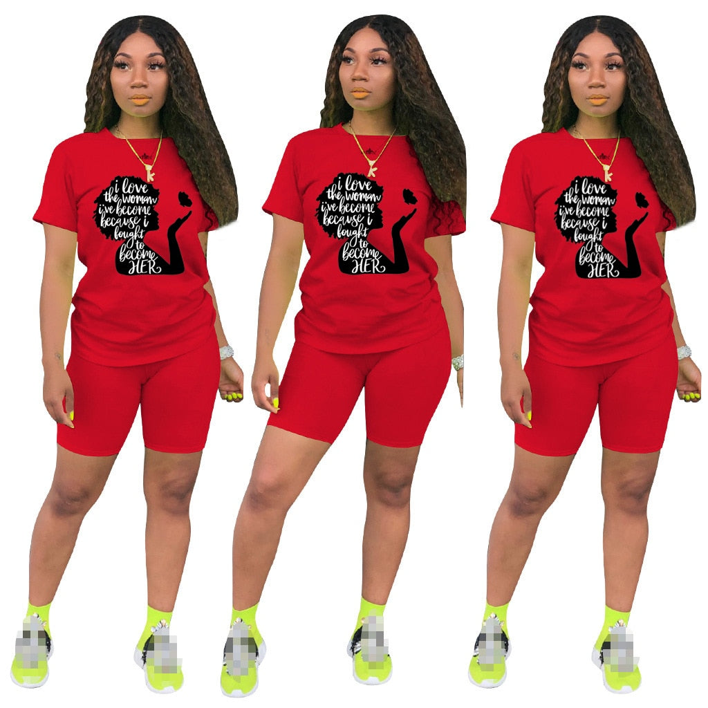 Women Two Piece Short Sleeve Lettered Top Casual Short Sets