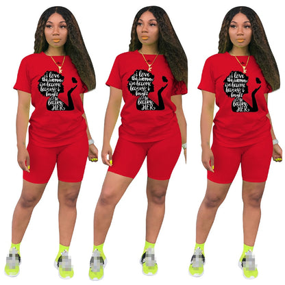 Women Two Piece Short Sleeve Lettered Top Casual Short Sets