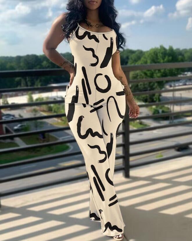 Summer Fashion Tie Dye Print U Neck Sleeveless Casual Pocket Jumpsuit