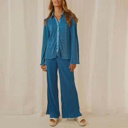 Women Pleated Elegant Casual Long Sleeve Blouses With High Waist Pants Set