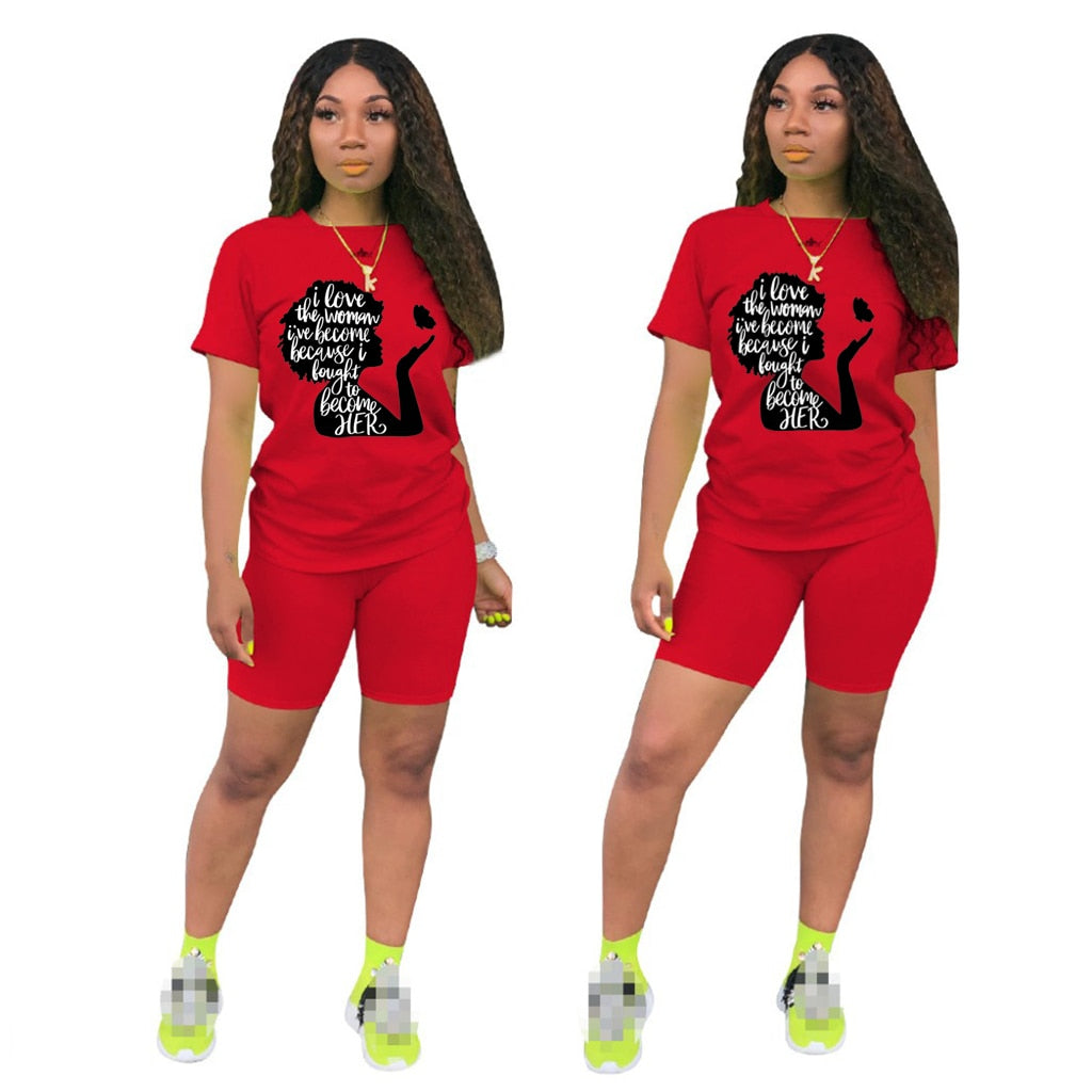 Women Two Piece Short Sleeve Lettered Top Casual Short Sets