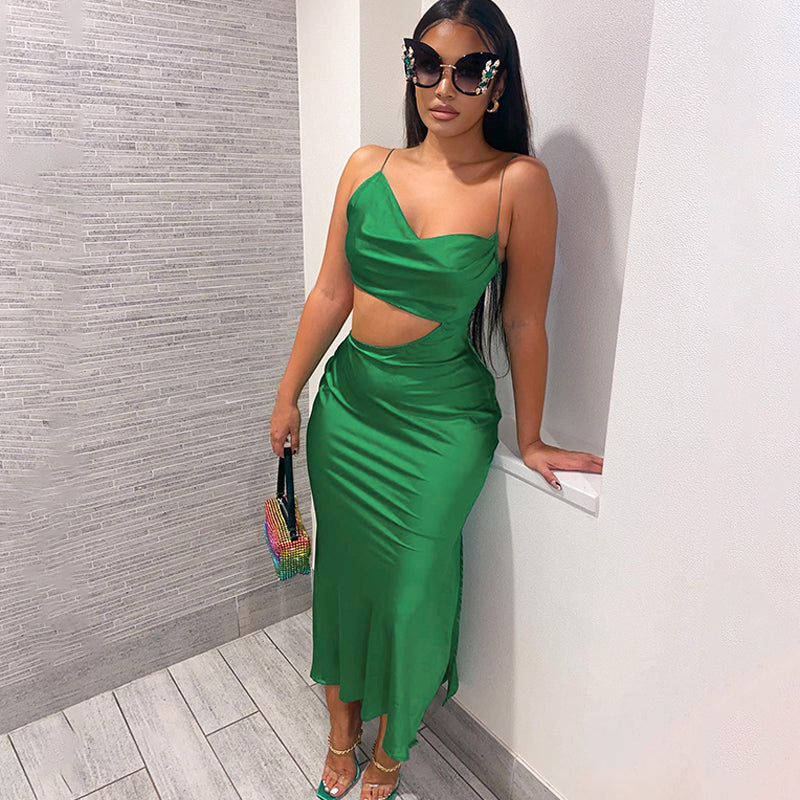 Women Elegant Party Evening Hollow Out Bodycon Stain Green Long Dress