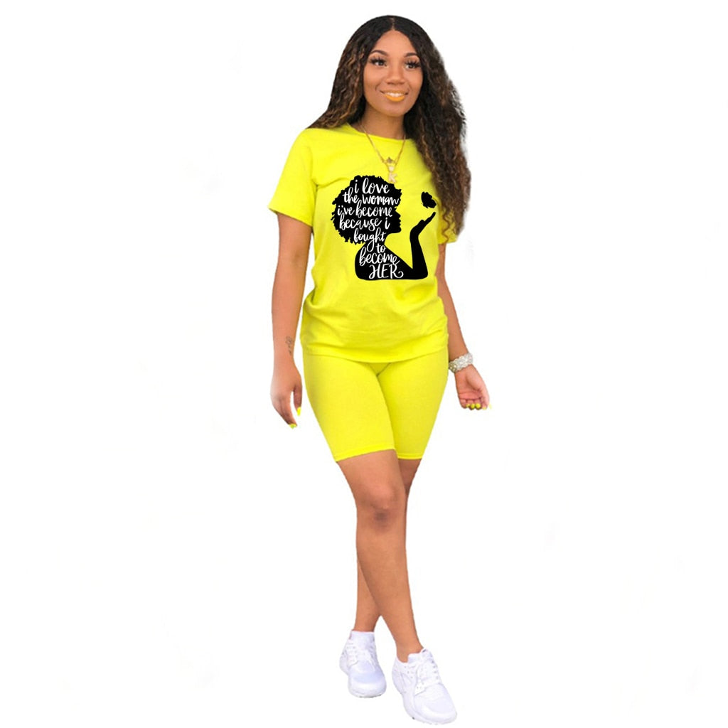 Women Two Piece Short Sleeve Lettered Top Casual Short Sets