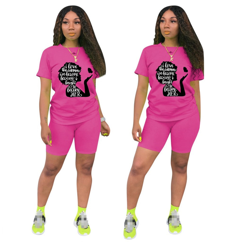 Women Two Piece Short Sleeve Lettered Top Casual Short Sets