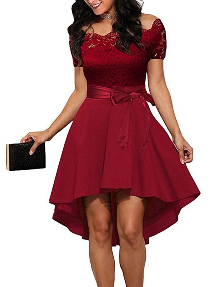 Women Elegant Lace Short Sleeve Sexy Dress