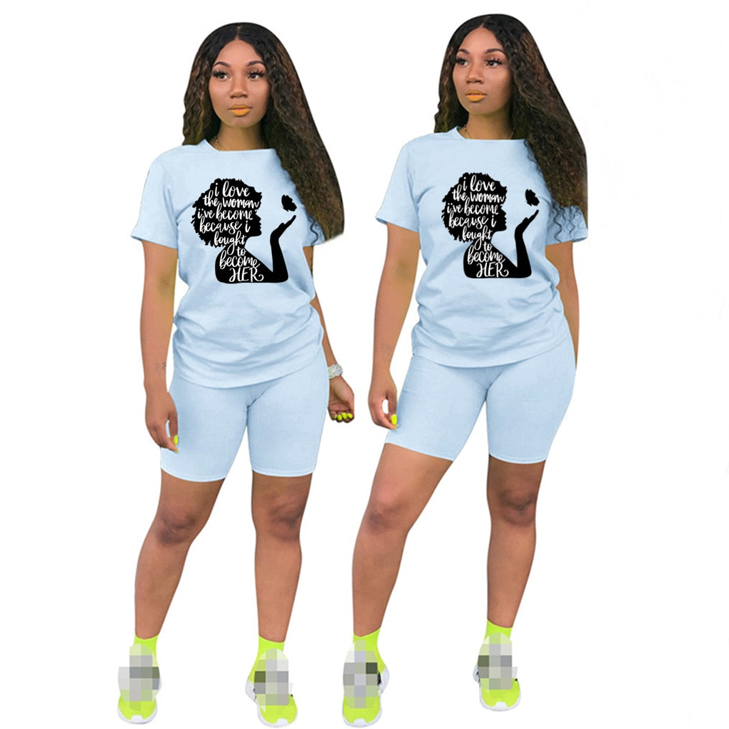 Women Two Piece Short Sleeve Lettered Top Casual Short Sets
