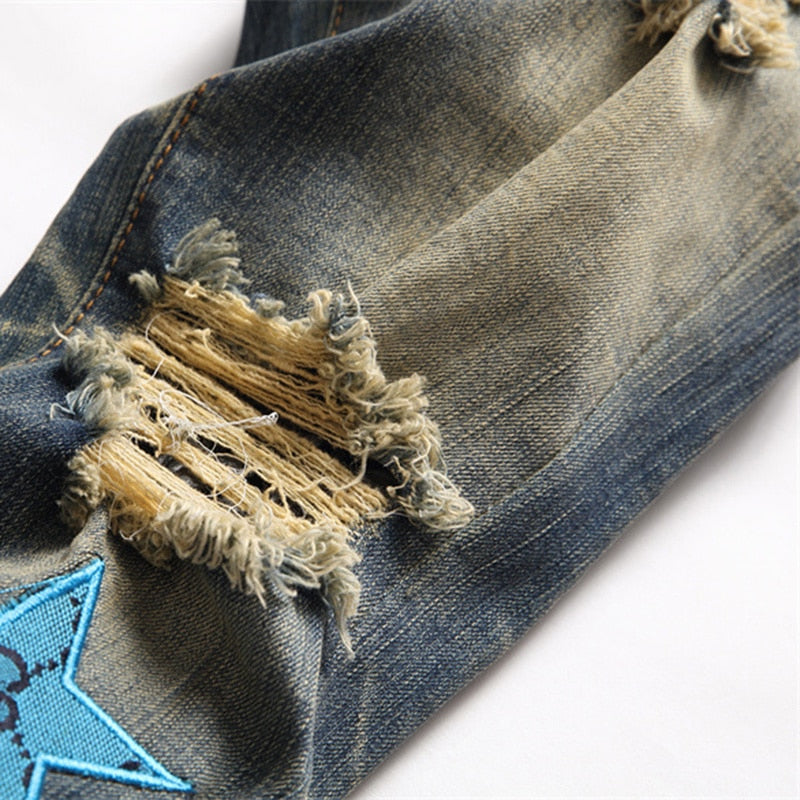 Men Hole Star Embroidered Trend Elastic Slim Graphic Jeans