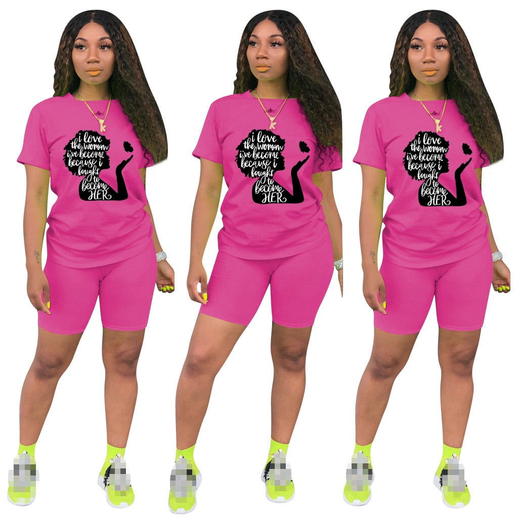 Women Two Piece Short Sleeve Lettered Top Casual Short Sets