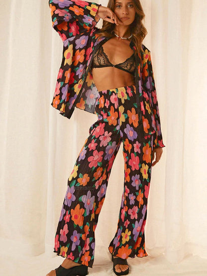 Women Pleated Elegant Casual Long Sleeve Blouses With High Waist Pants Set