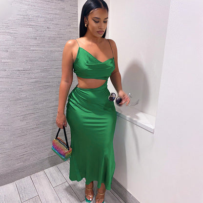 Women Elegant Party Evening Hollow Out Bodycon Stain Green Long Dress