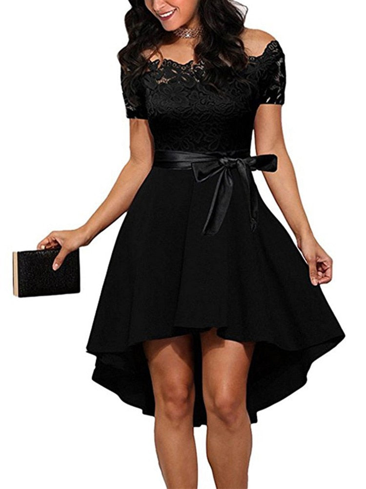 Women Elegant Lace Short Sleeve Sexy Dress