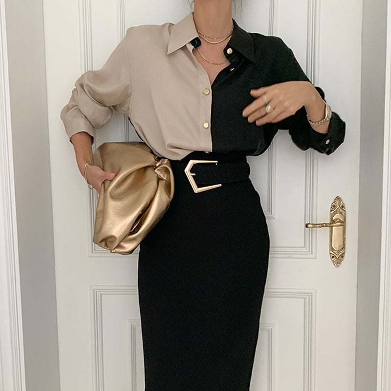 Puff Sleeve Women Office Button Turn Down Collar Shirt