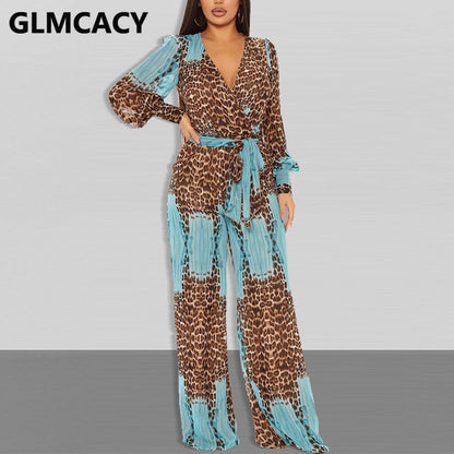 Women Long Sleeve Leopard Chiffon Jumpsuit Casual Loose Overalls