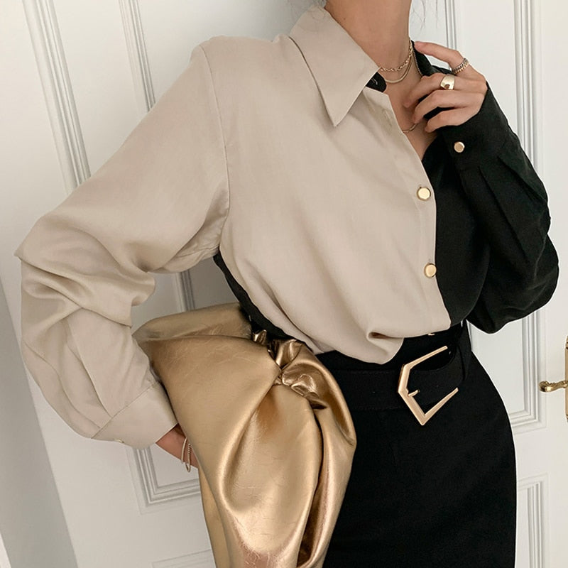 Puff Sleeve Women Office Button Turn Down Collar Shirt