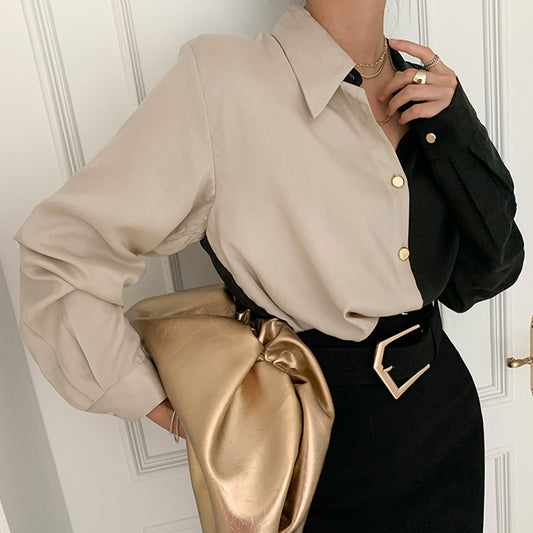 Puff Sleeve Women Office Button Turn Down Collar Shirt