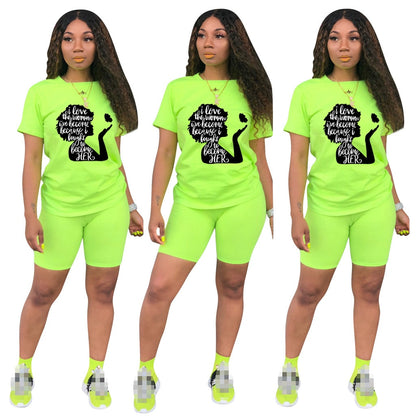Women Two Piece Short Sleeve Lettered Top Casual Short Sets