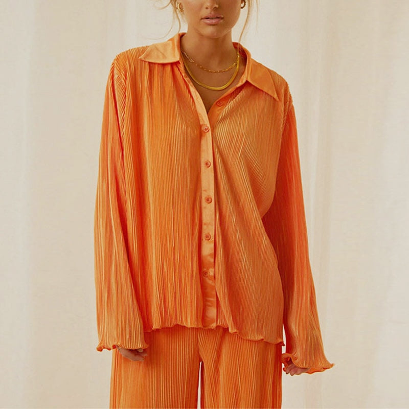 Women Pleated Elegant Casual Long Sleeve Blouses With High Waist Pants Set