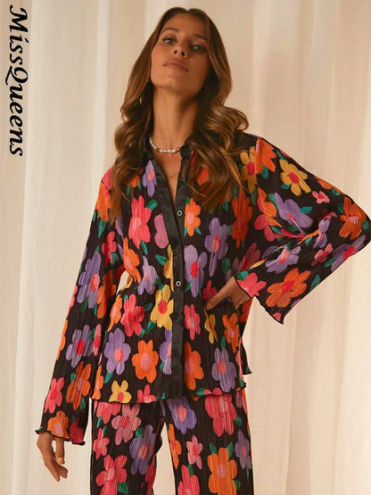 Women Pleated Elegant Casual Long Sleeve Blouses With High Waist Pants Set