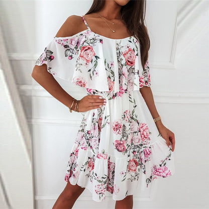 Floral Print Summer Fashion Spaghetti Strap Off Shoulder Dress