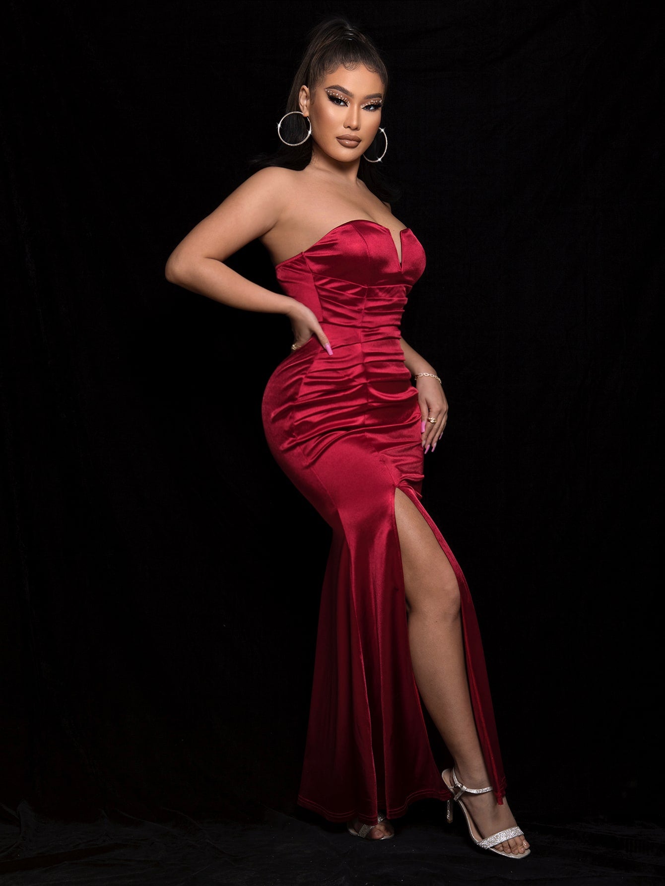 Strapless Ruched Split Maxi Dress