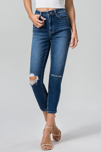High Waist Distressed Washed Cropped Mom Jeans