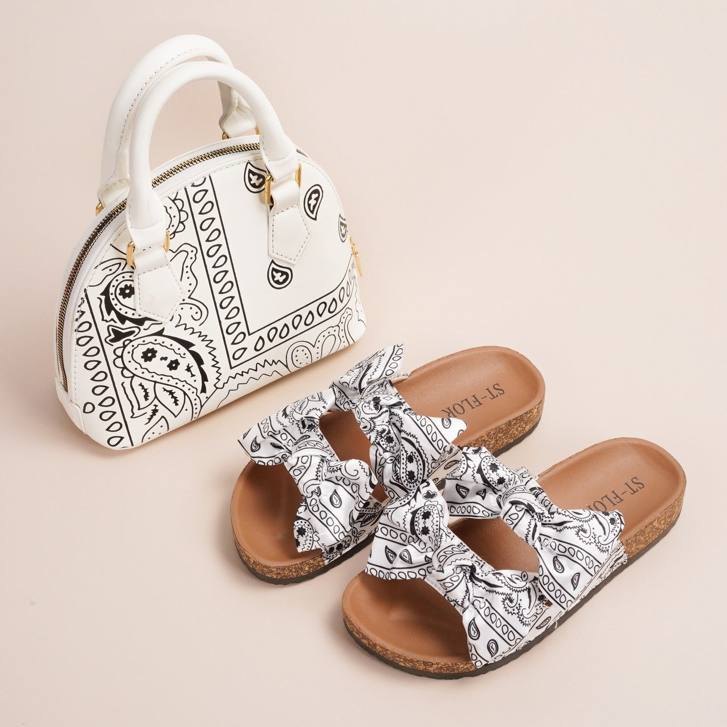 Women Printed Sandals With Handbag Set