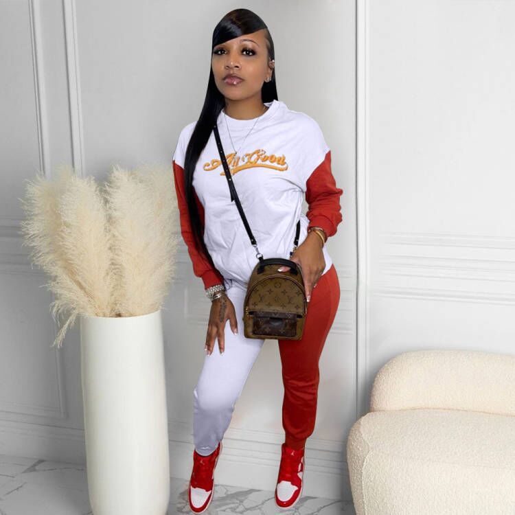 Women Casual Two Piece Letter Embroidery Stitching Sets