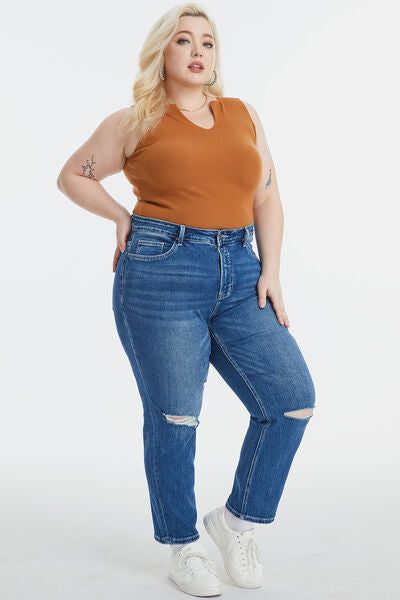 High Waist Distressed Washed Cropped Mom Jeans