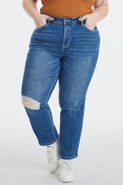 High Waist Distressed Washed Cropped Mom Jeans
