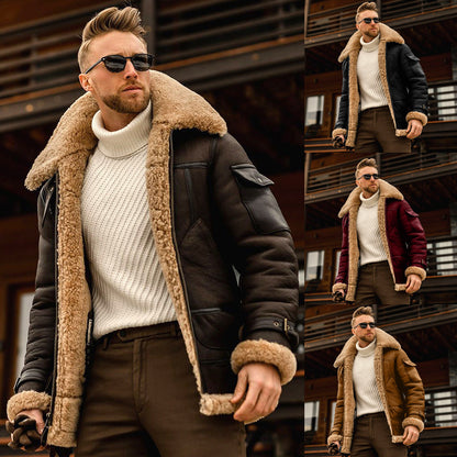 Men Fleece Warm Fur Collar Coat