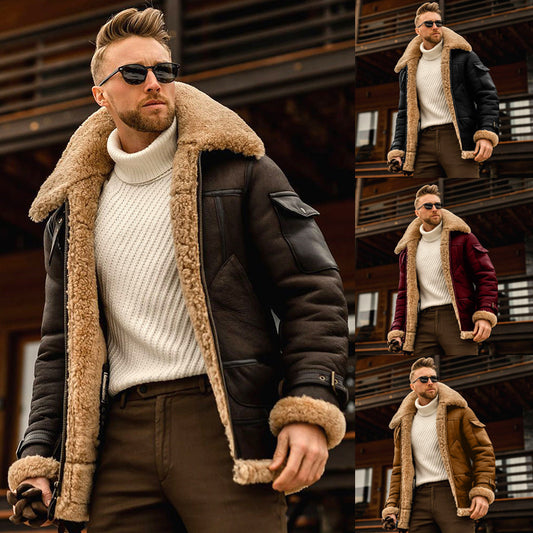 Men Fleece Warm Fur Collar Coat