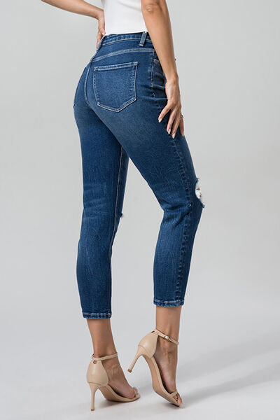 High Waist Distressed Washed Cropped Mom Jeans