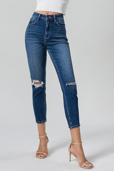 High Waist Distressed Washed Cropped Mom Jeans