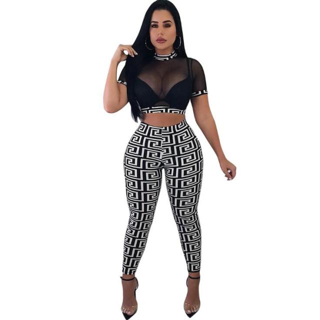 Women See through Sexy Two Piece Mesh Crop Top and Pencil Pants Set