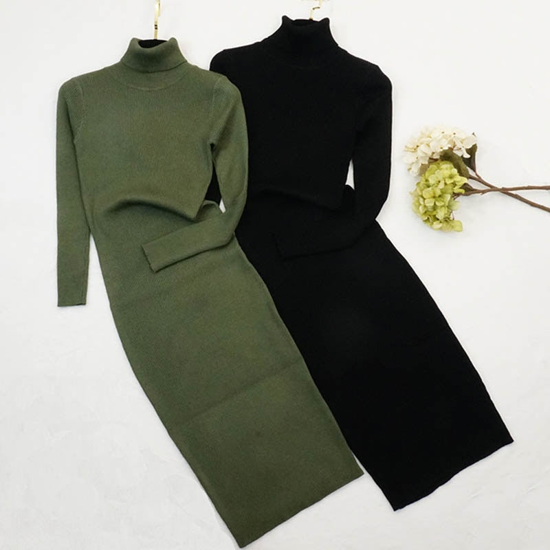 New Women Knitted Turtleneck Sweater Dresses