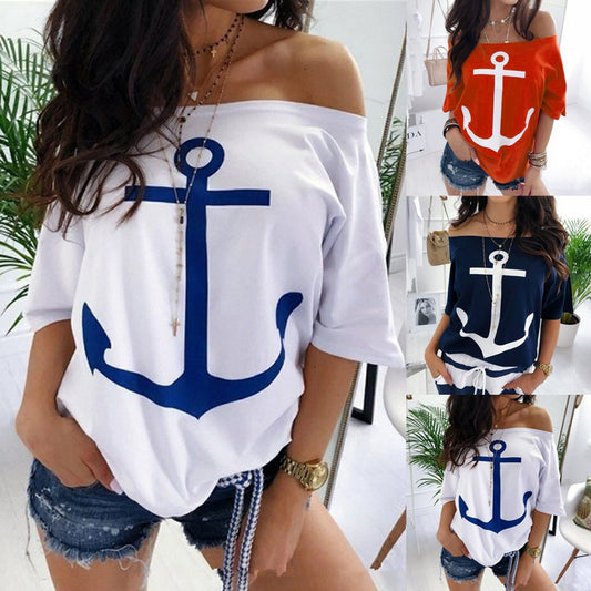 Women Boat Anchor Print Off Shoulder Loose T Shirt Plus Size S-5XL