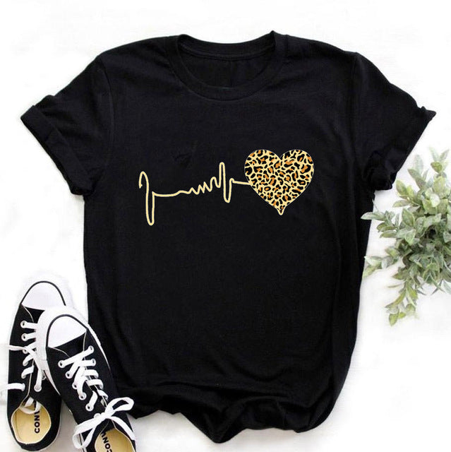 New 90 ’s Leopard Heartbeat Short Sleeve Print T-Shirt