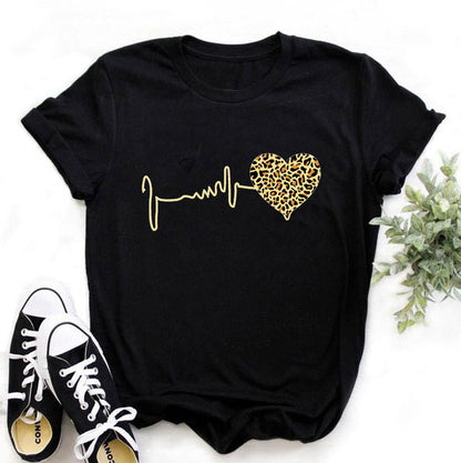New 90 ’s Leopard Heartbeat Short Sleeve Print T-Shirt