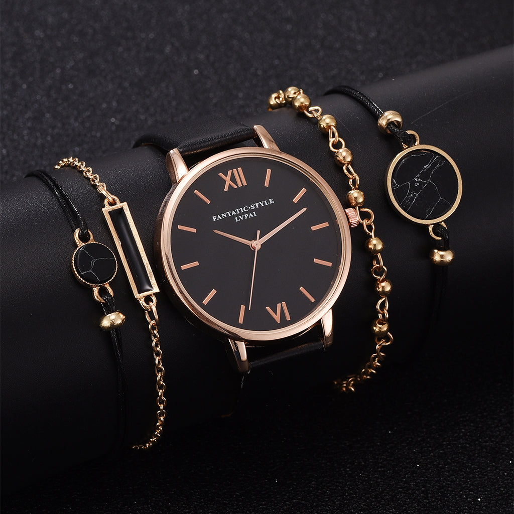 Women 5pcs Quartz Wristwatch Leather Bracelet Luxury Watch