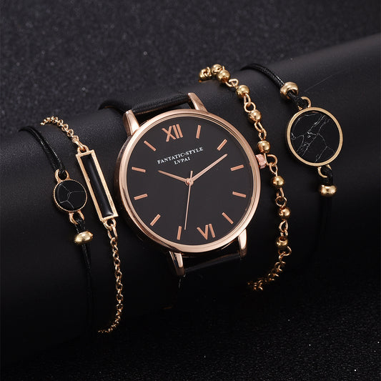 Women 5pcs Quartz Wristwatch Leather Bracelet Luxury Watch