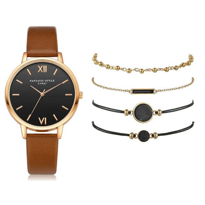 Women 5pcs Quartz Wristwatch Leather Bracelet Luxury Watch