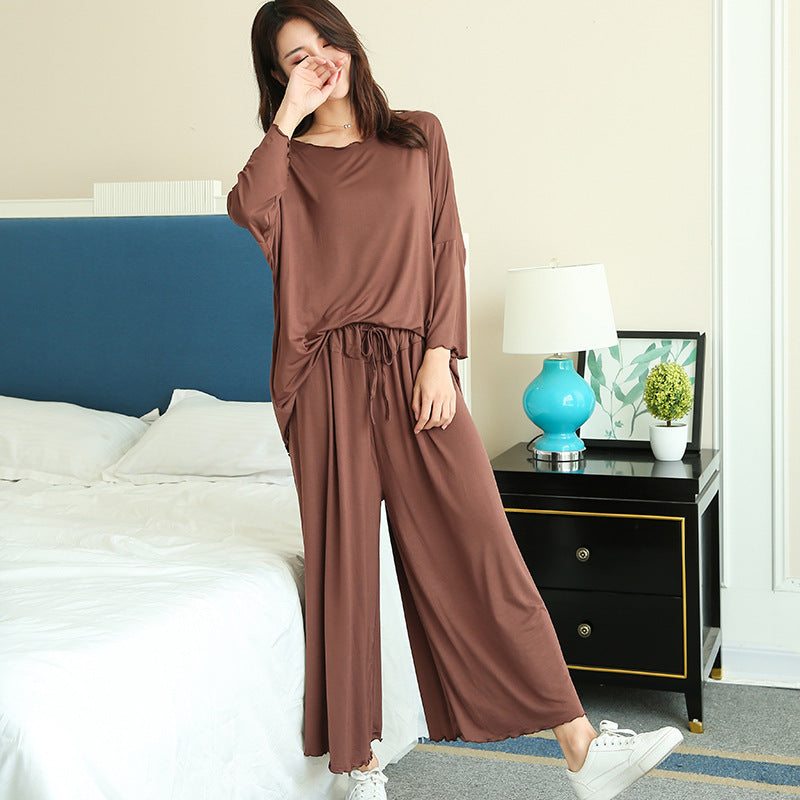 Women Loose Long-Sleeved Pajamas Wide Leg Pant Two-Piece Set