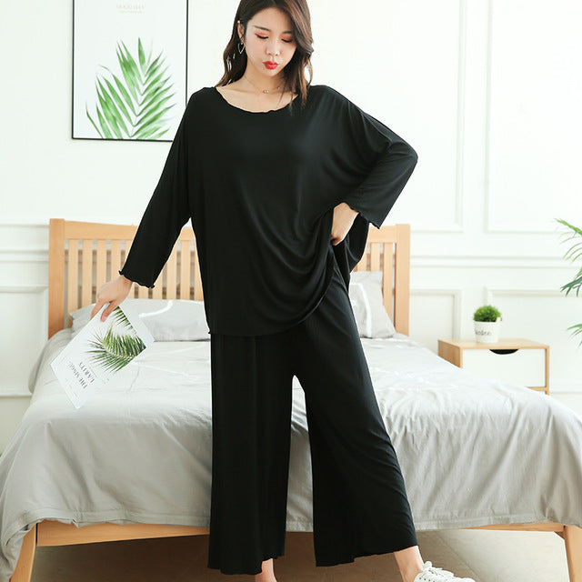 Women Loose Long-Sleeved Pajamas Wide Leg Pant Two-Piece Set