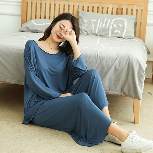 Women Loose Long-Sleeved Pajamas Wide Leg Pant Two-Piece Set