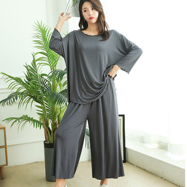 Women Loose Long-Sleeved Pajamas Wide Leg Pant Two-Piece Set