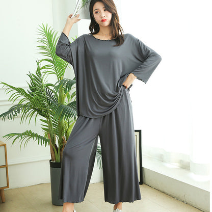 Women Loose Long-Sleeved Pajamas Wide Leg Pant Two-Piece Set