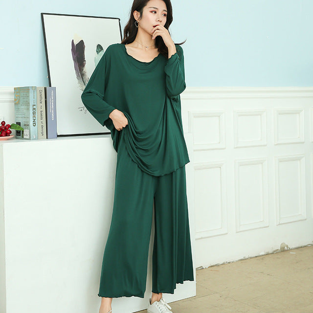 Women Loose Long-Sleeved Pajamas Wide Leg Pant Two-Piece Set